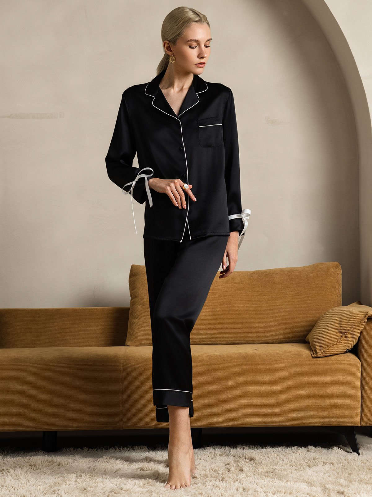 [Black] SilkSilky-AU Pure Silk Long Sleeve Lapel Women's Pyjamas 008