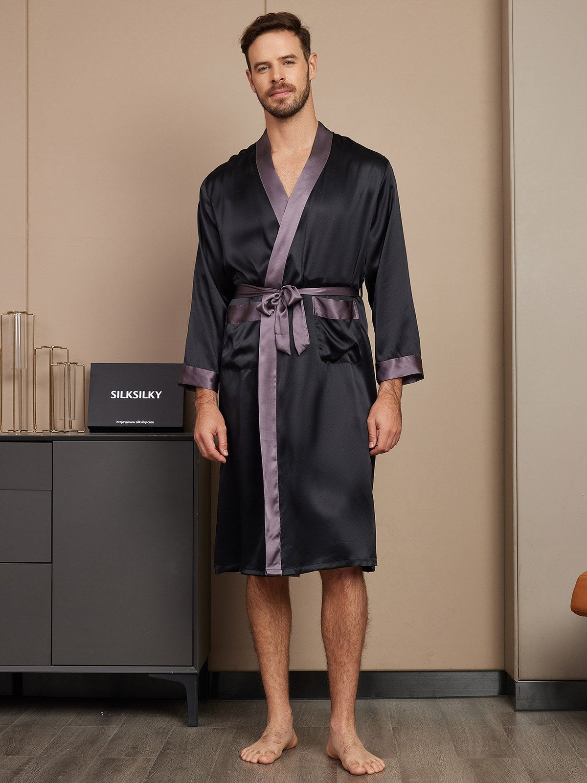 [Black] SilkSilky-AU Pure Silk Long Sleeve Mens Robe 003