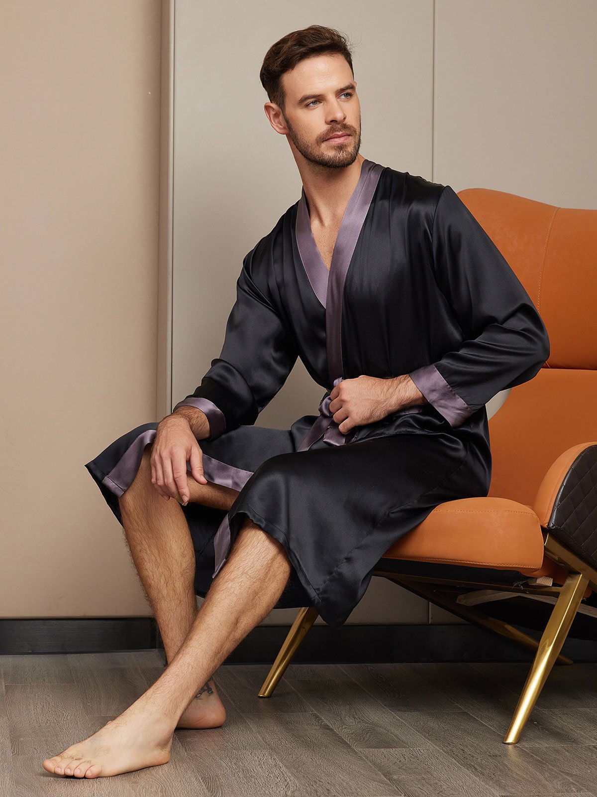 [Black] SilkSilky-AU Pure Silk Long Sleeve Mens Robe 004