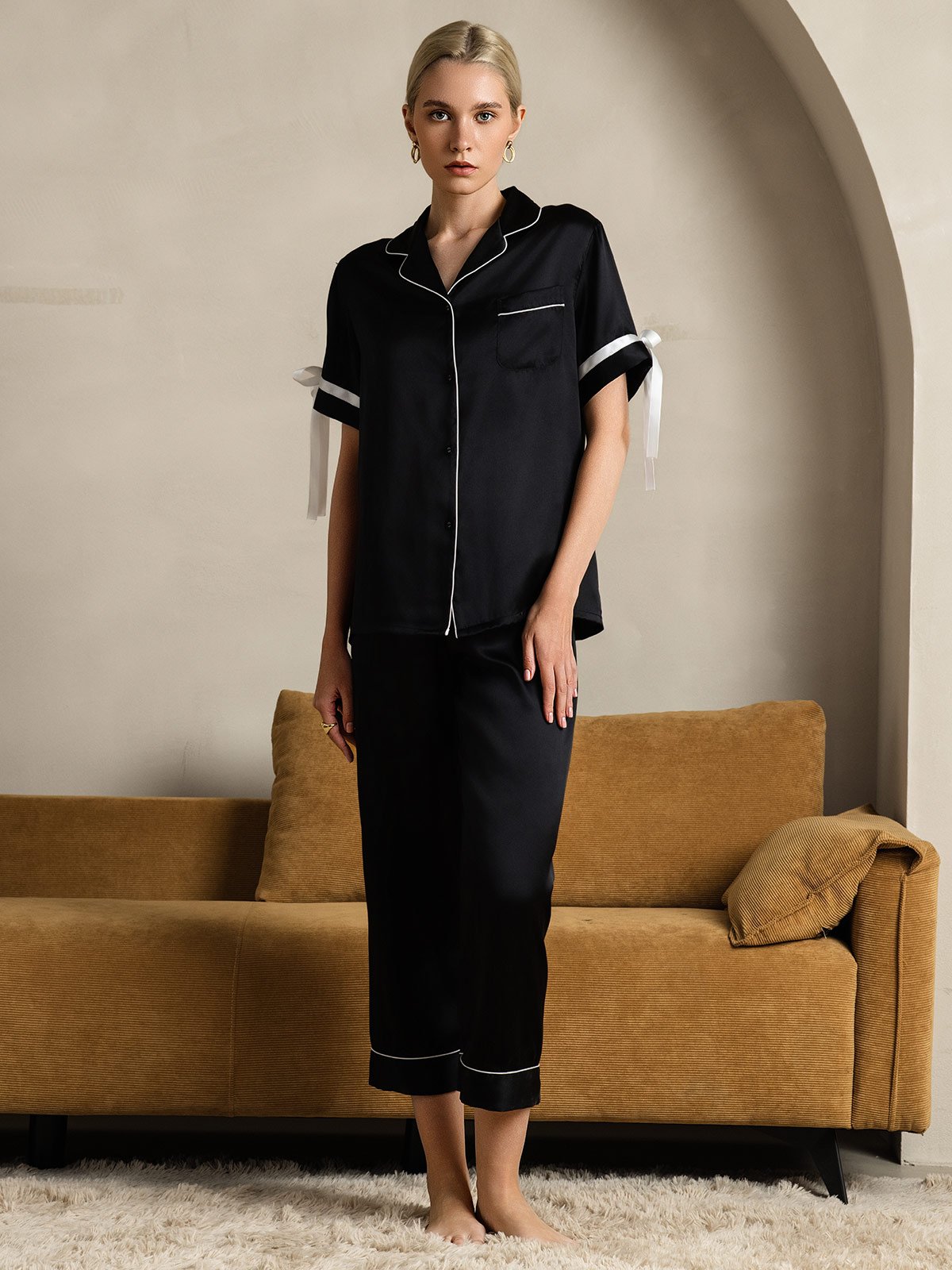 [Black] SilkSilky-AU Pure Silk Short Sleeve Lapel Women's Pyjamas 003