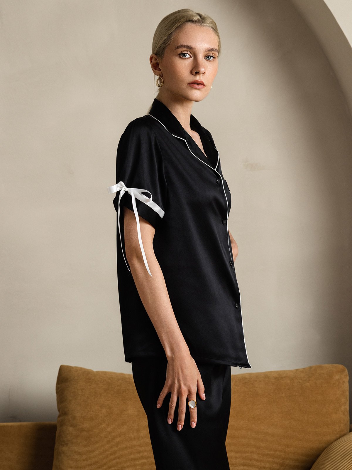 [Black] SilkSilky-AU Pure Silk Short Sleeve Lapel Women's Pyjamas 006