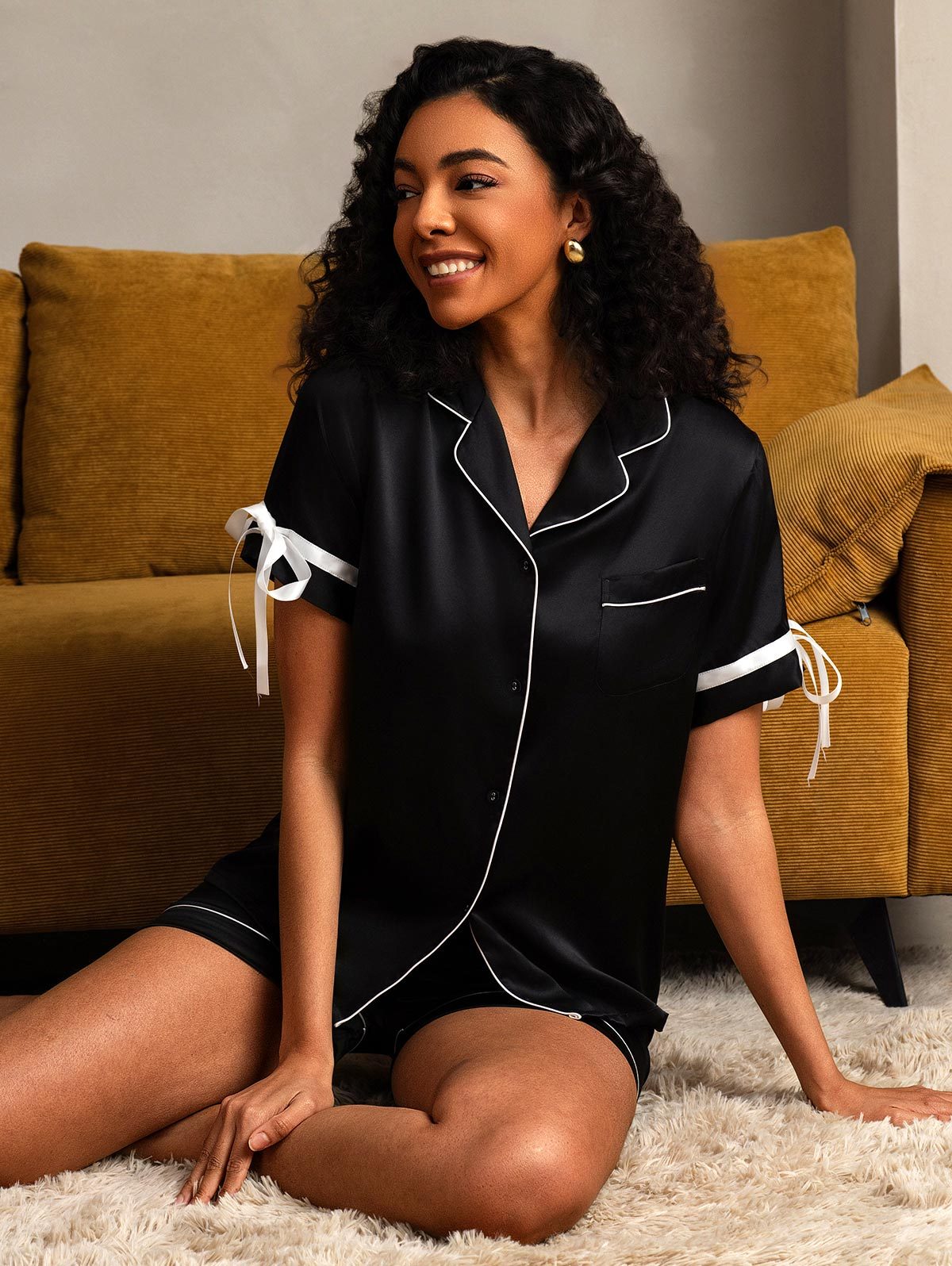 [Black] SilkSilky-AU Pure Silk Short Sleeve Lapel Women's Pyjamas 007