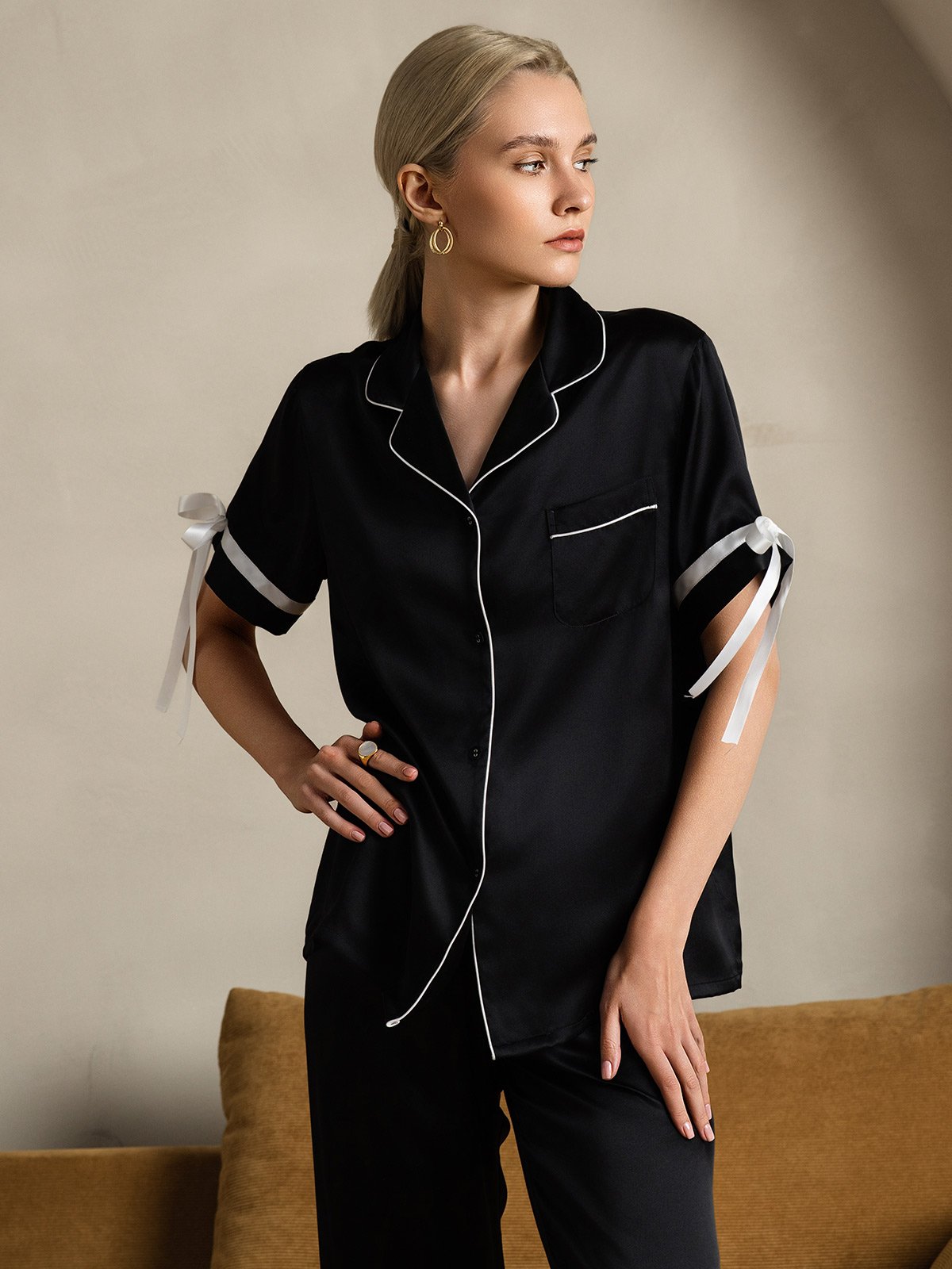 [Black] SilkSilky-AU Pure Silk Short Sleeve Lapel Women's Pyjamas 008