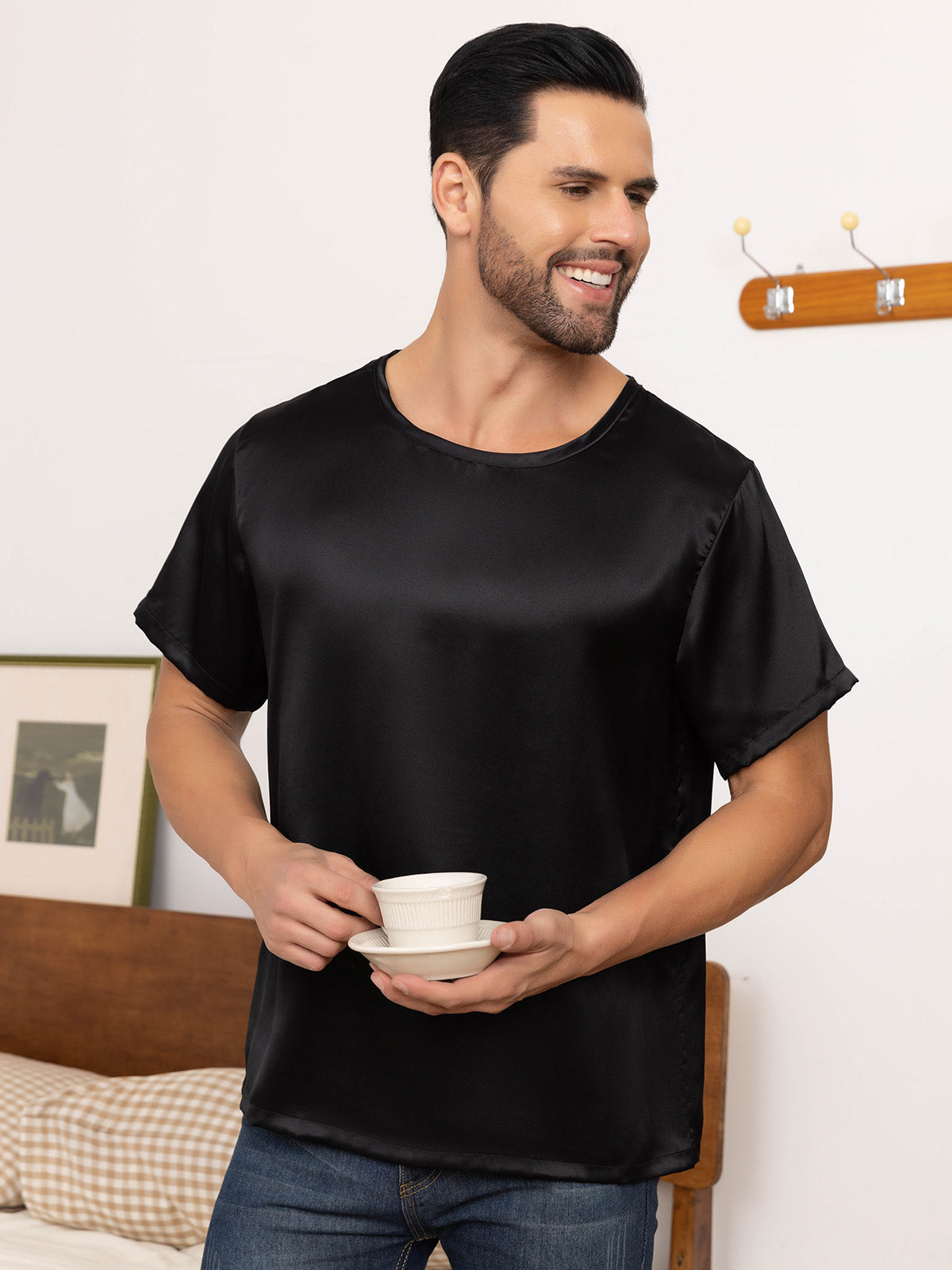 [Black] SilkSilky-AU Pure Silk Short Sleeve Round Neck Men's T-Shirt 006