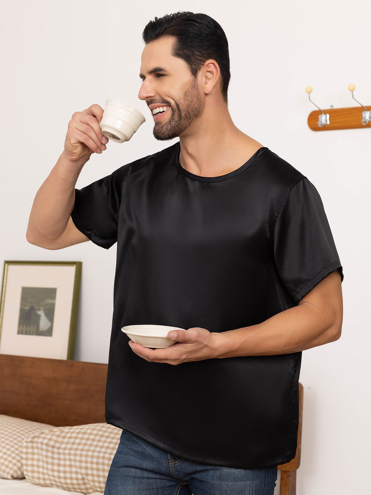 [Black] SilkSilky-AU Pure Silk Short Sleeve Round Neck Men's T-Shirt 007