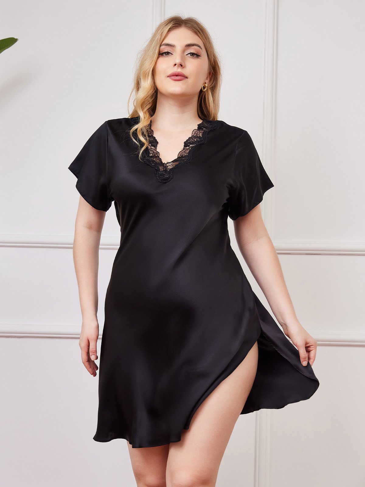 [Black] SilkSilky-AU Pure Silk Short Sleeve V Neck Plus Size Nightdress 001