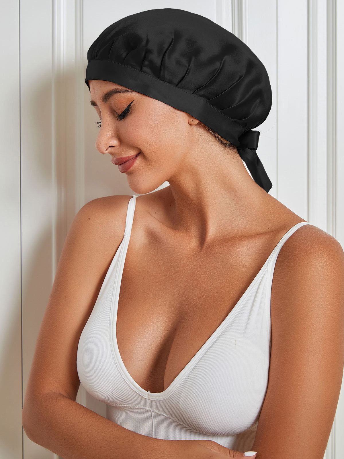 [Black] SilkSilky-AU Pure Silk Sleep Cap 001