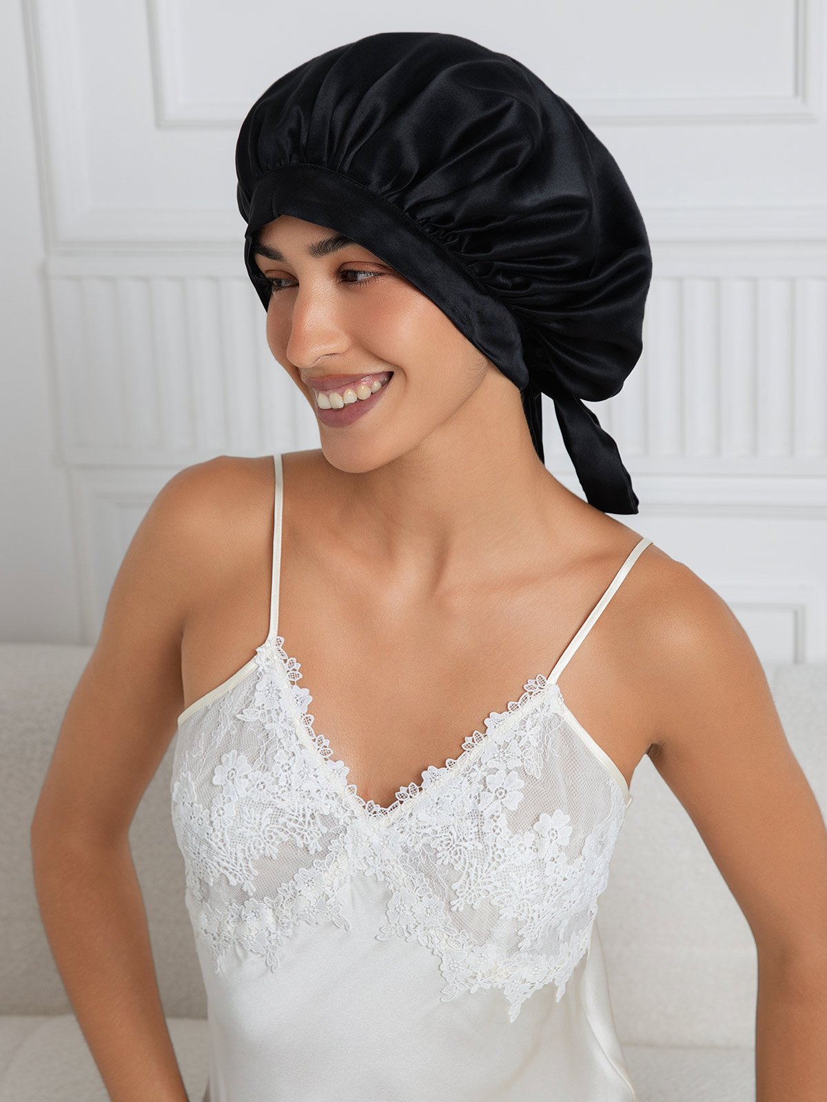 [Black] SilkSilky-AU Pure Silk Sleep Cap 001