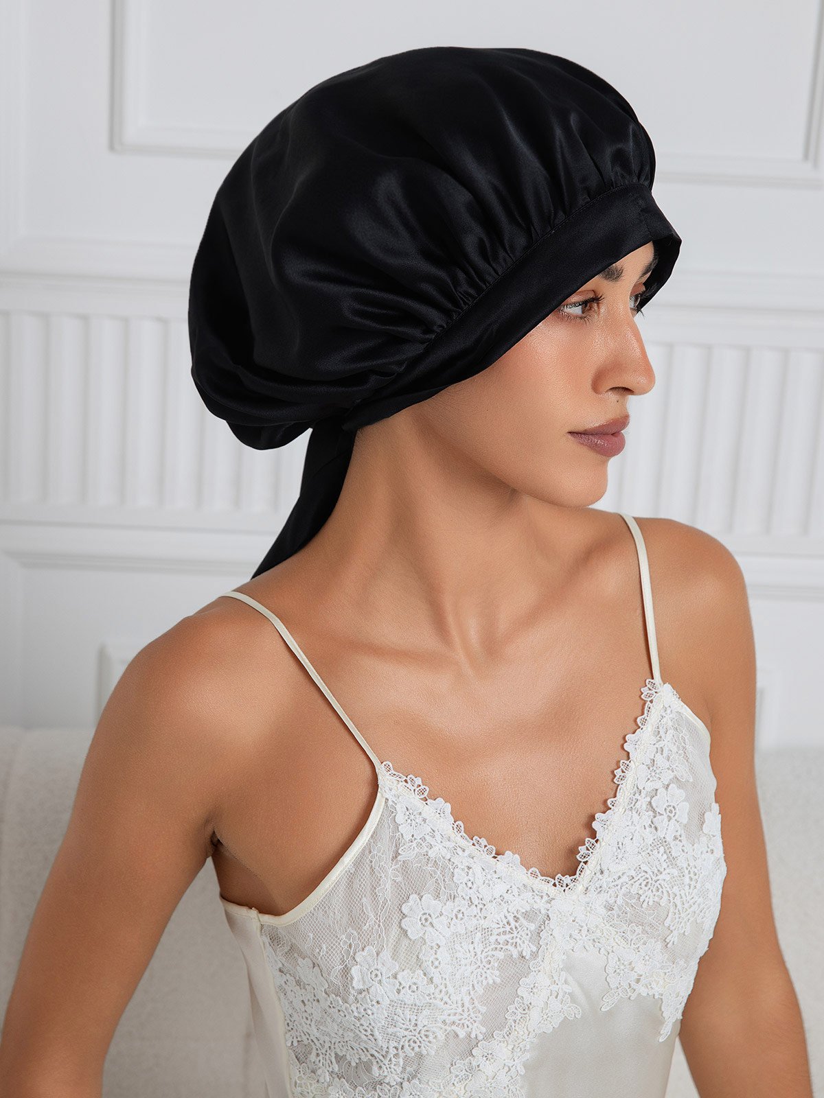 [Black] SilkSilky-AU Pure Silk Sleep Cap 002