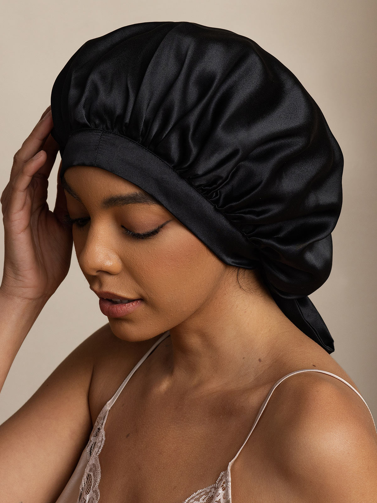 [Black] SilkSilky-AU Pure Silk Sleep Cap 002