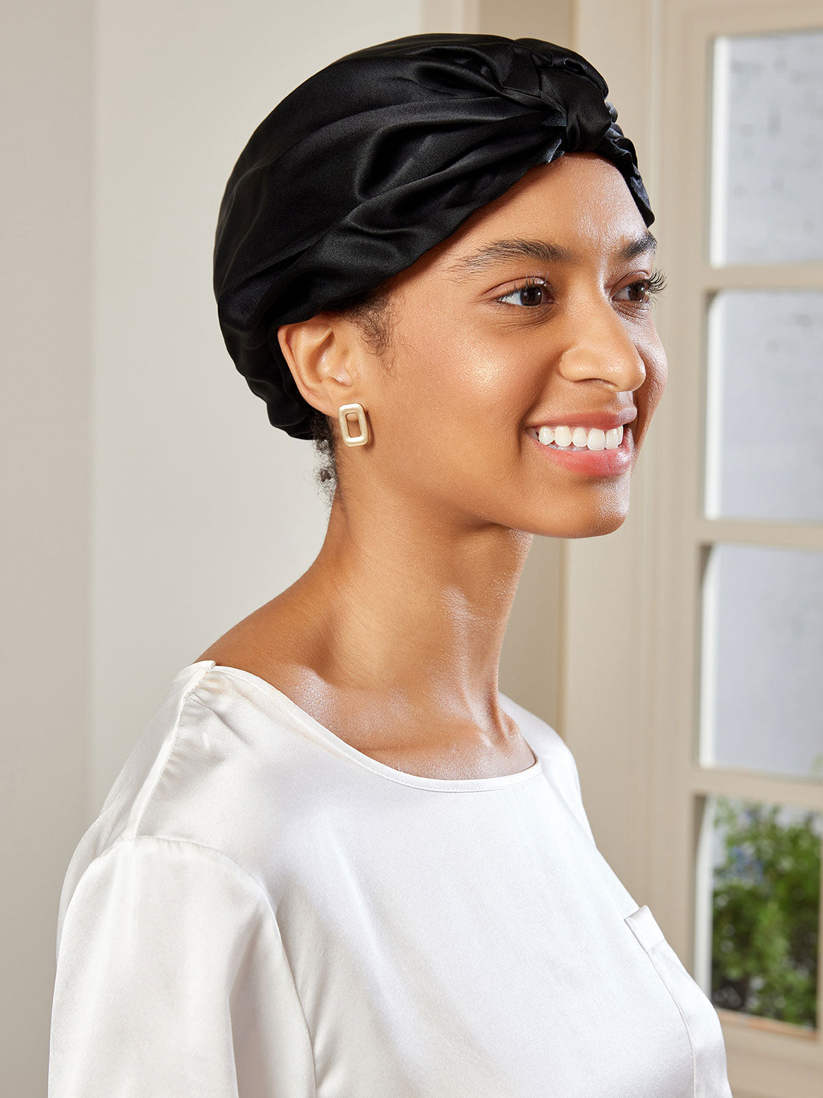 [Black] SilkSilky-AU Pure Silk Sleep Cap 003