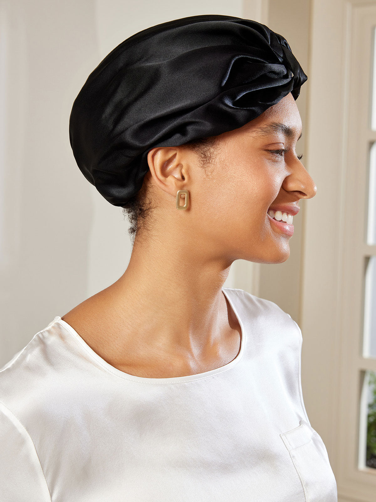 [Black] SilkSilky-AU Pure Silk Sleep Cap 004