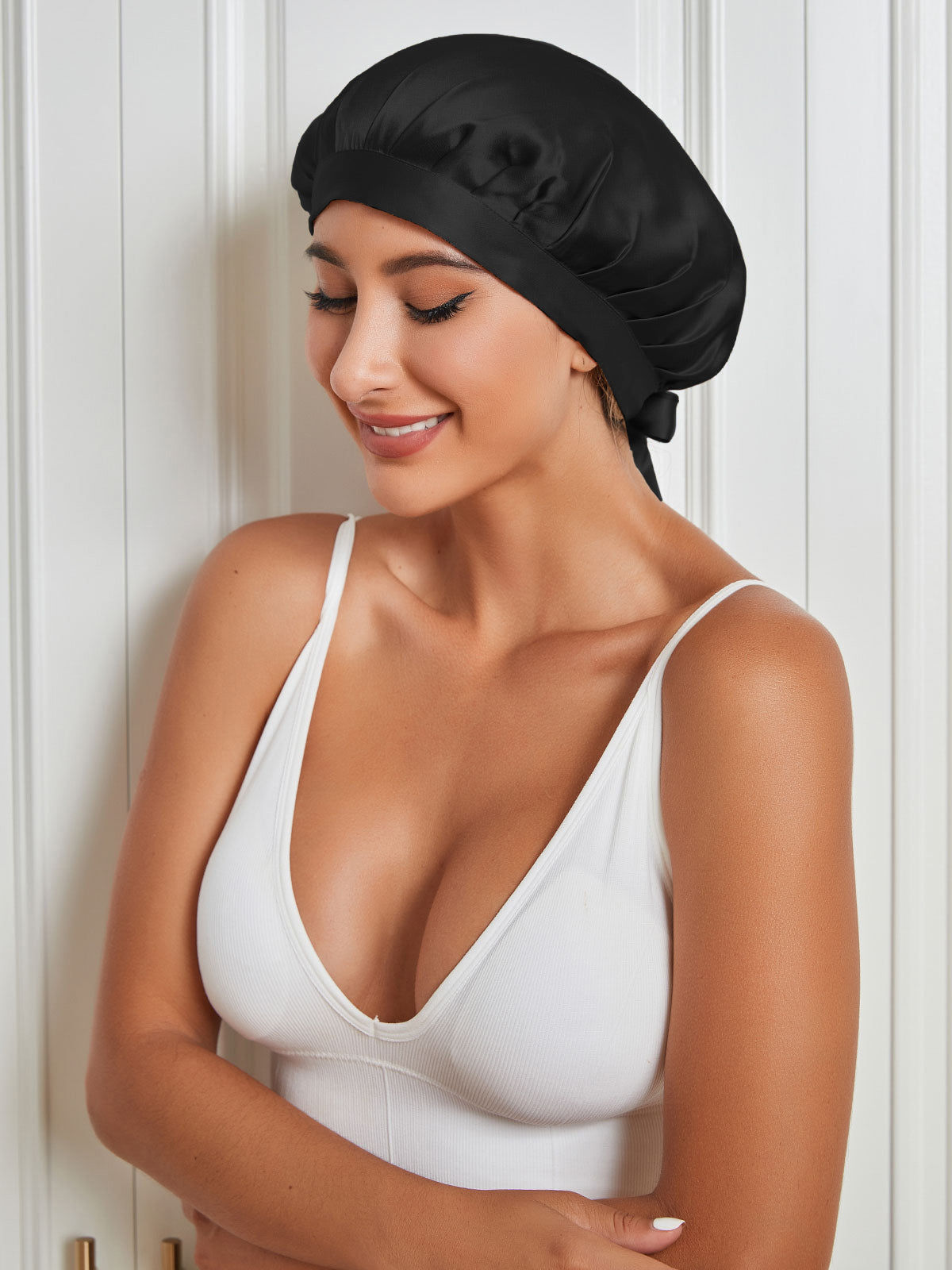 [Black] SilkSilky-AU Pure Silk Sleep Cap 004
