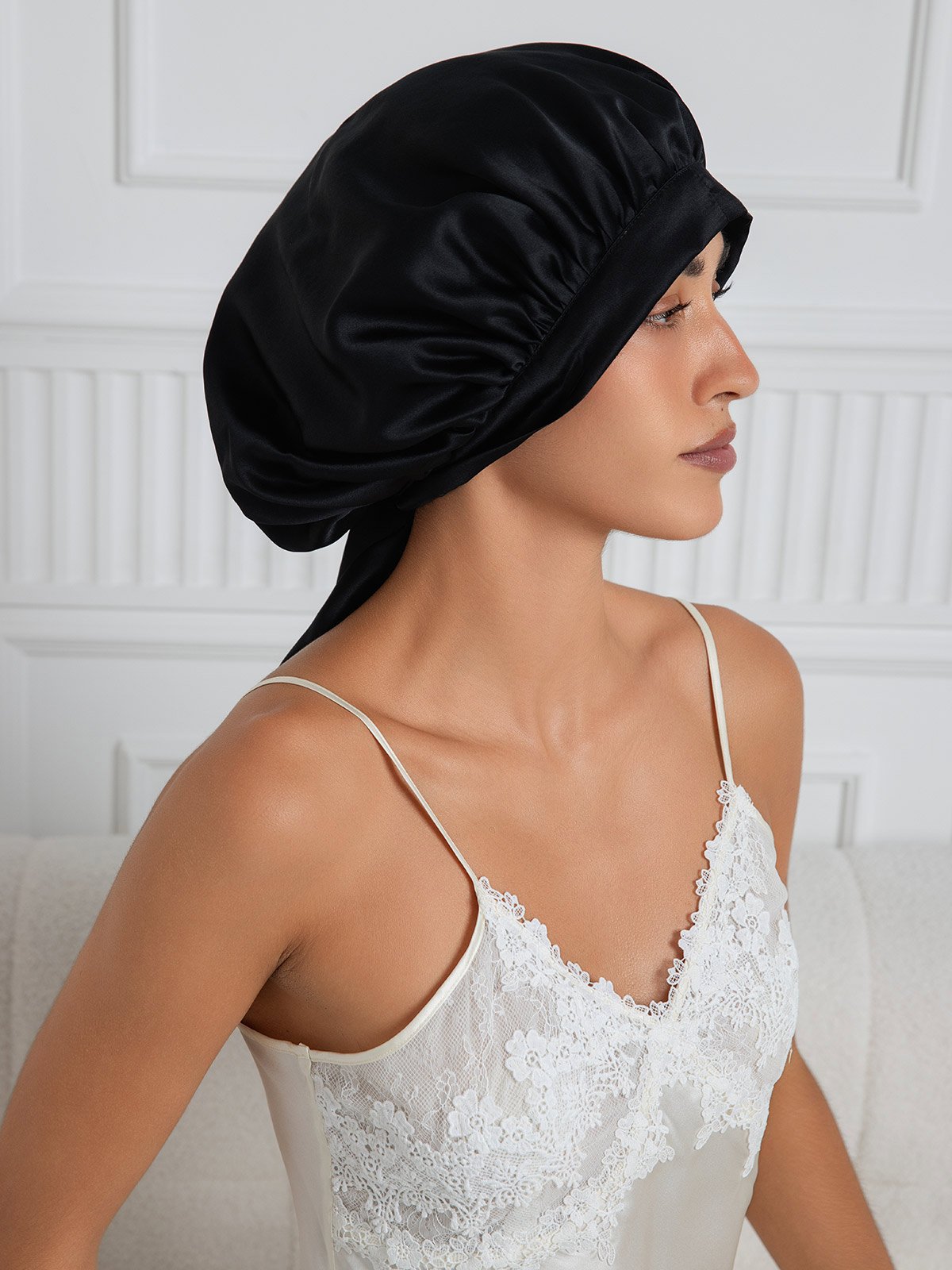 [Black] SilkSilky-AU Pure Silk Sleep Cap 004