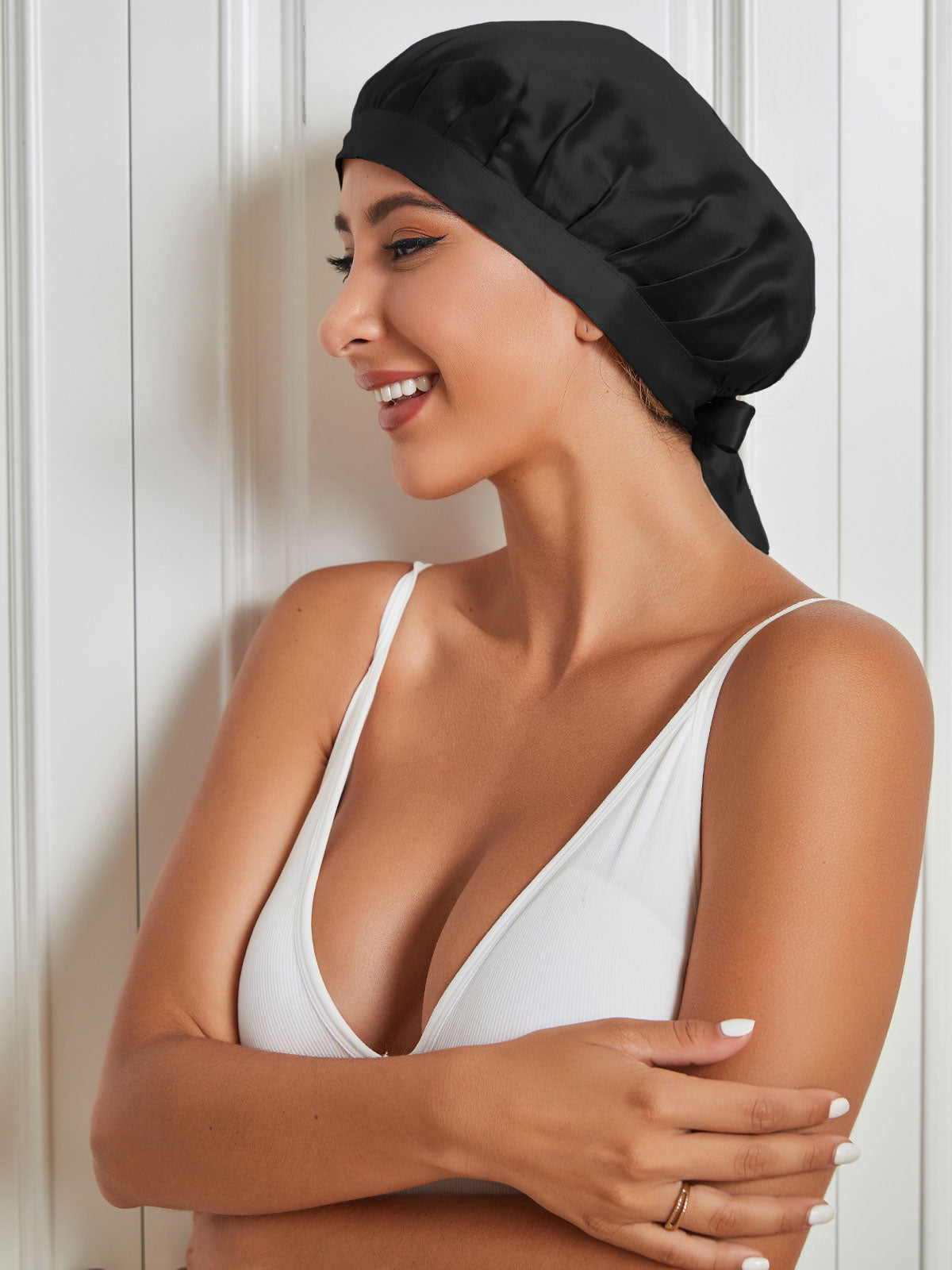 [Black] SilkSilky-AU Pure Silk Sleep Cap 005