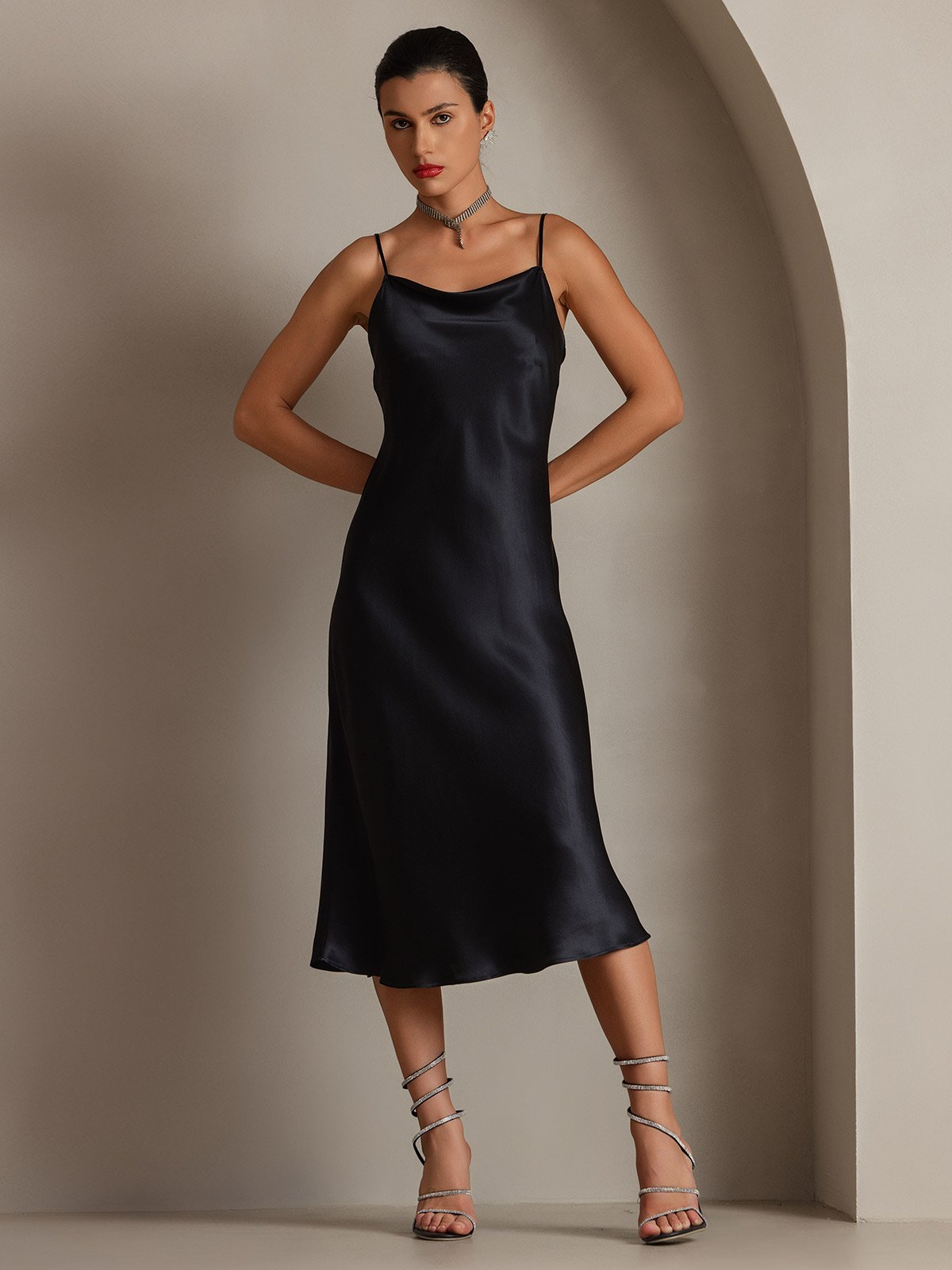 [Black] SilkSilky-AU Pure Silk Sleeveless Cowl Neck Dress 001
