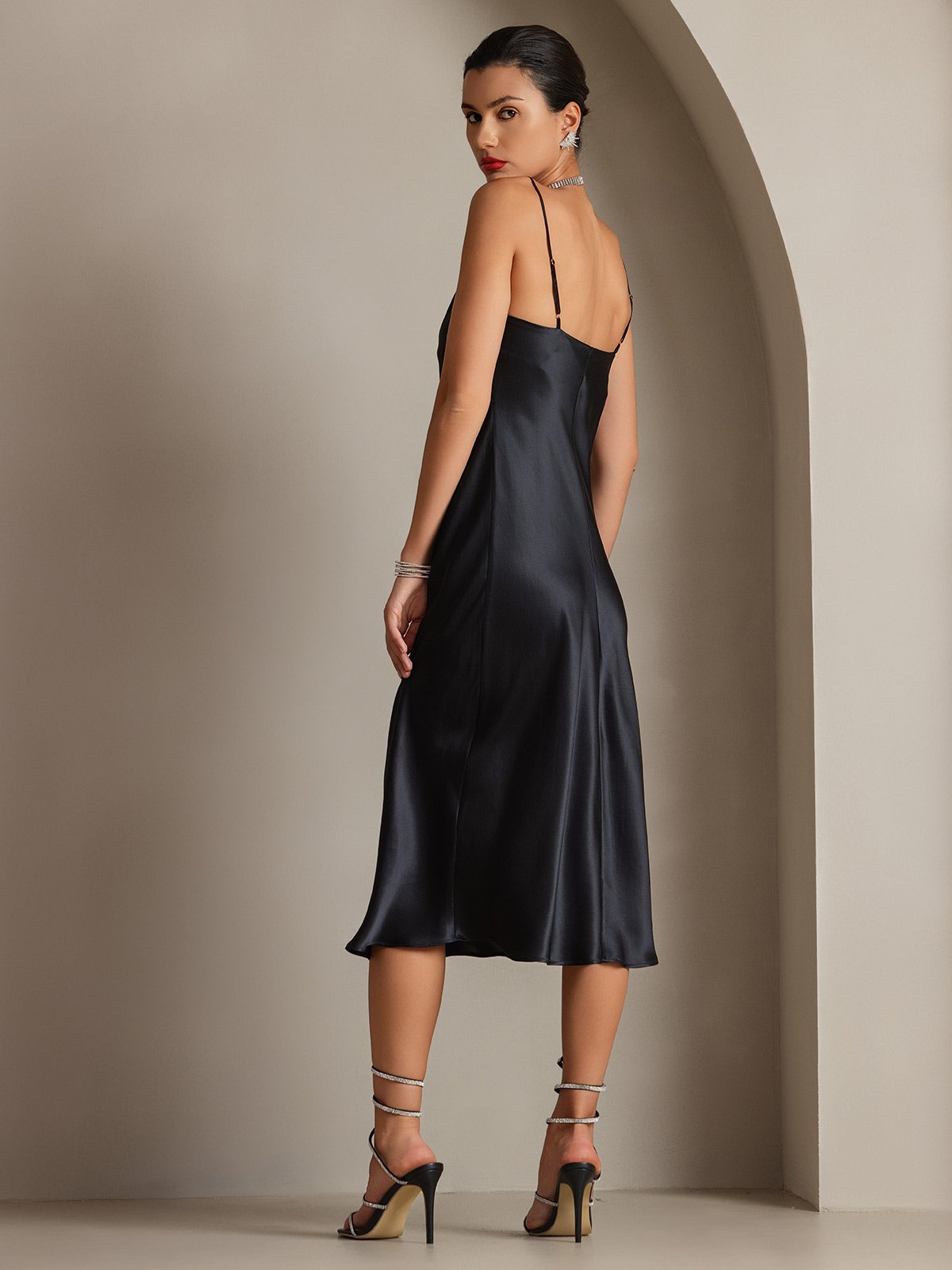 [Black] SilkSilky-AU Pure Silk Sleeveless Cowl Neck Dress 002