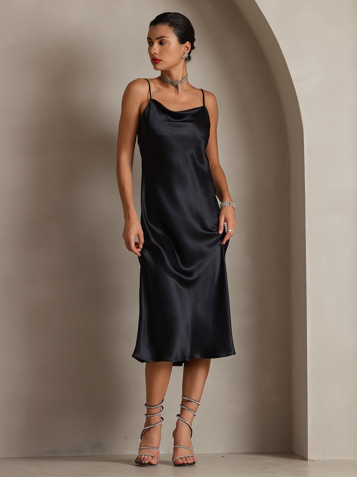 [Black] SilkSilky-AU Pure Silk Sleeveless Cowl Neck Dress 003