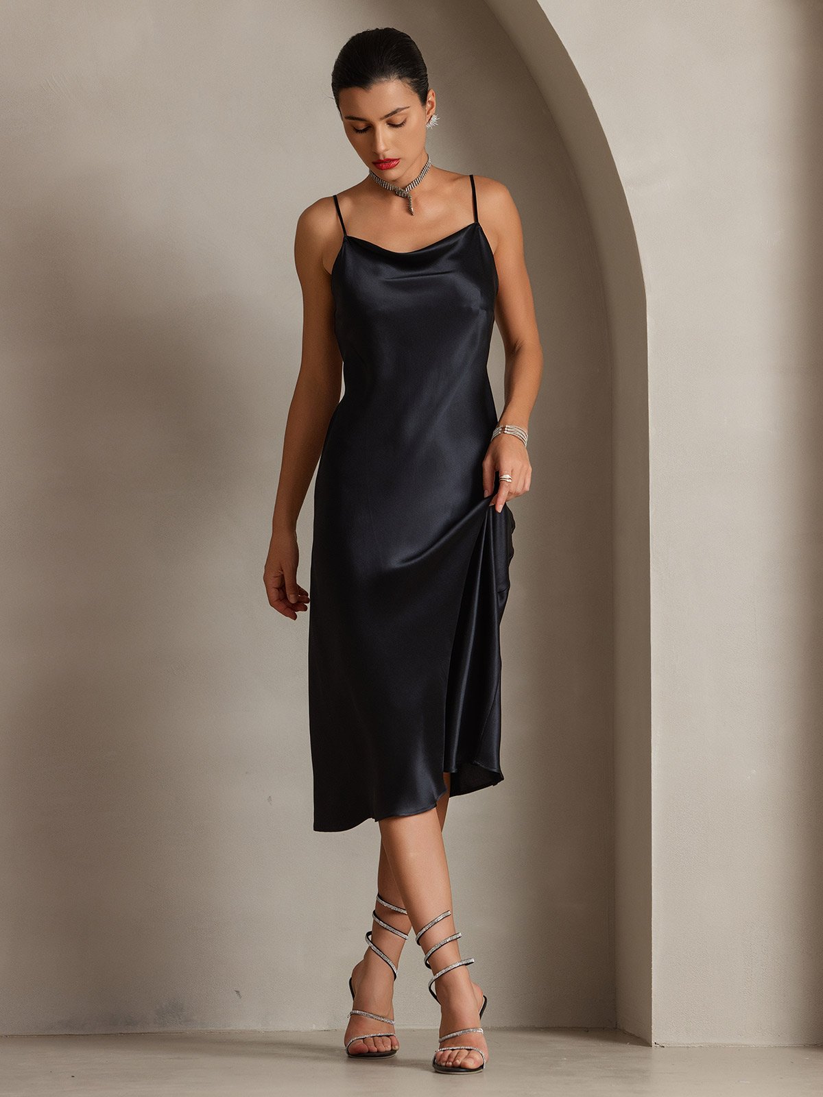 [Black] SilkSilky-AU Pure Silk Sleeveless Cowl Neck Dress 004