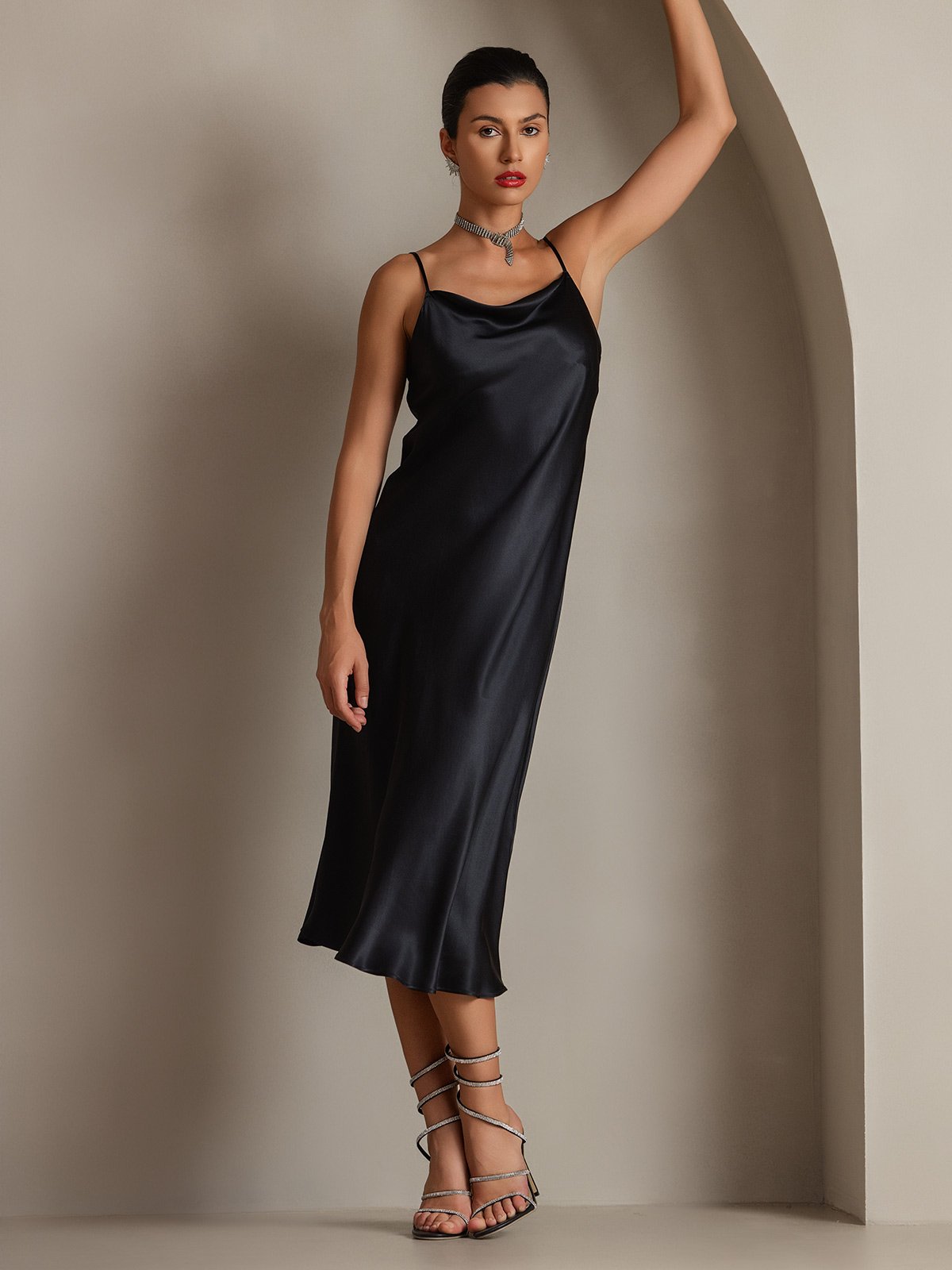 [Black] SilkSilky-AU Pure Silk Sleeveless Cowl Neck Dress 005