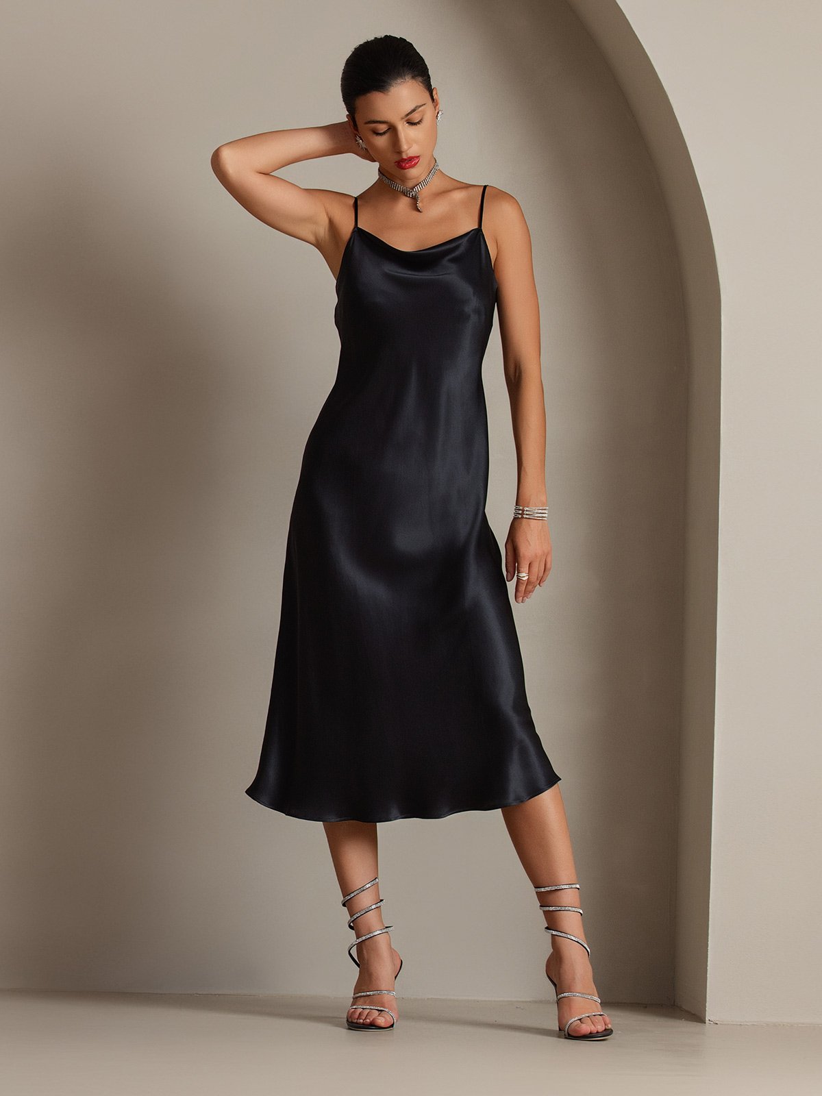 [Black] SilkSilky-AU Pure Silk Sleeveless Cowl Neck Dress 006