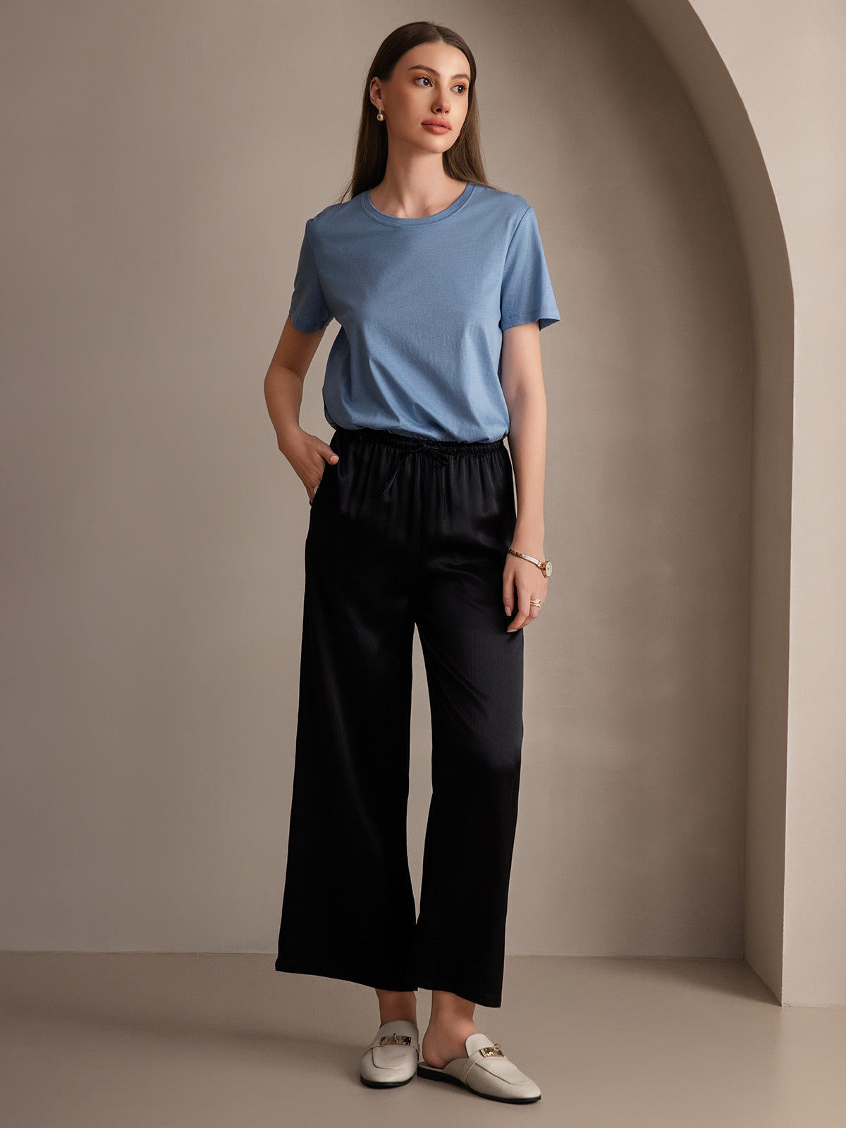 [Black] SilkSilky-AU Pure Silk Womens Pants 006