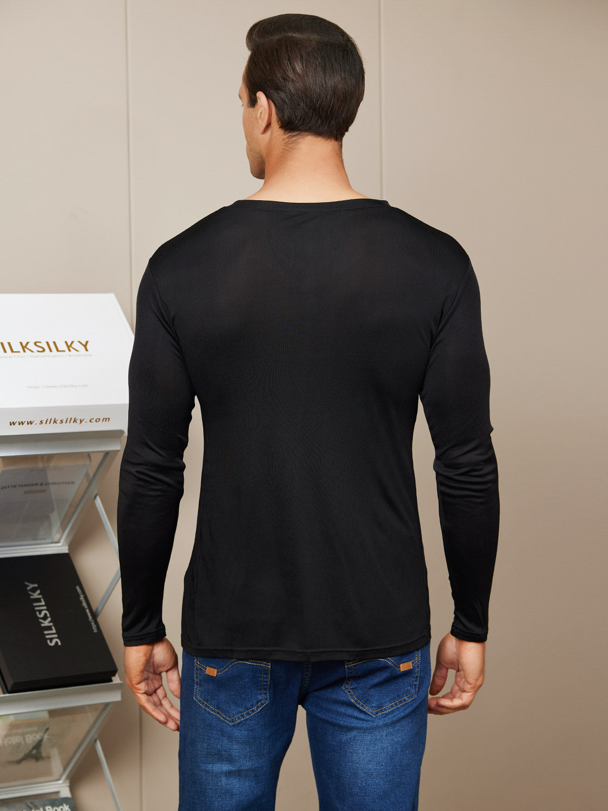 [Black] SilkSilky-AU Silk Knitted Long Sleeve V Neck Men's T-Shirt 002
