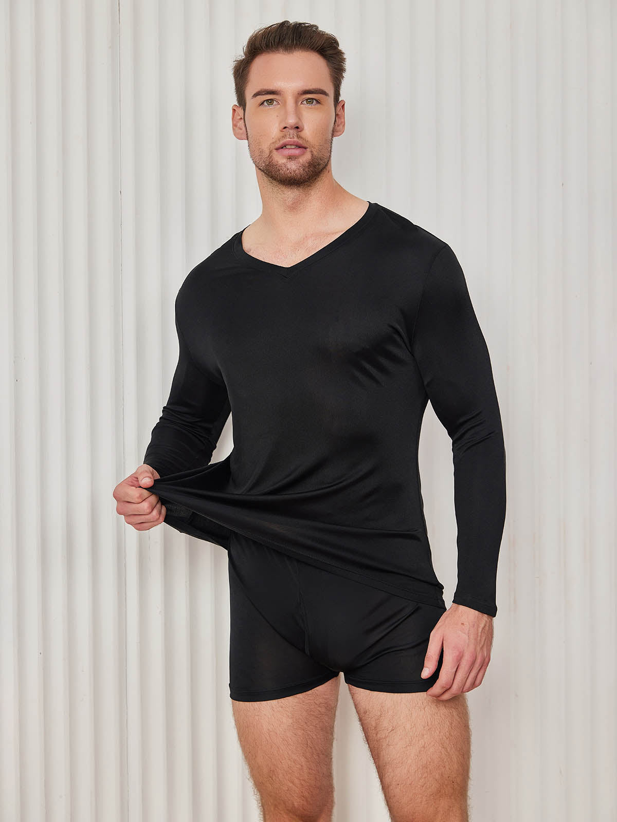 [Black] SilkSilky-AU Silk Knitted Long Sleeve V Neck Men's T-Shirt 005