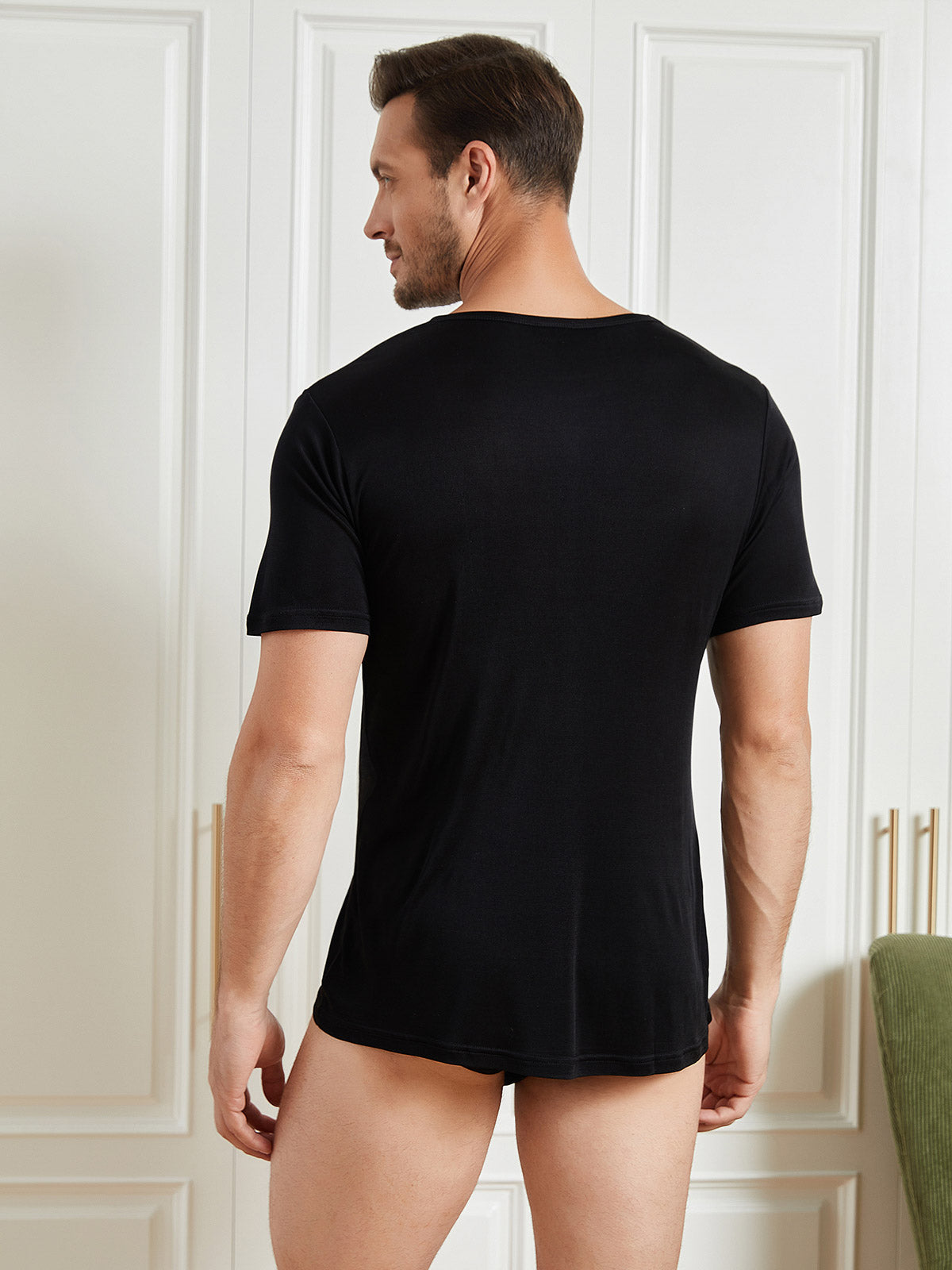 [Black] SilkSilky-AU Silk Knitted Short Sleeve Round Neck Men's T-Shirt 002