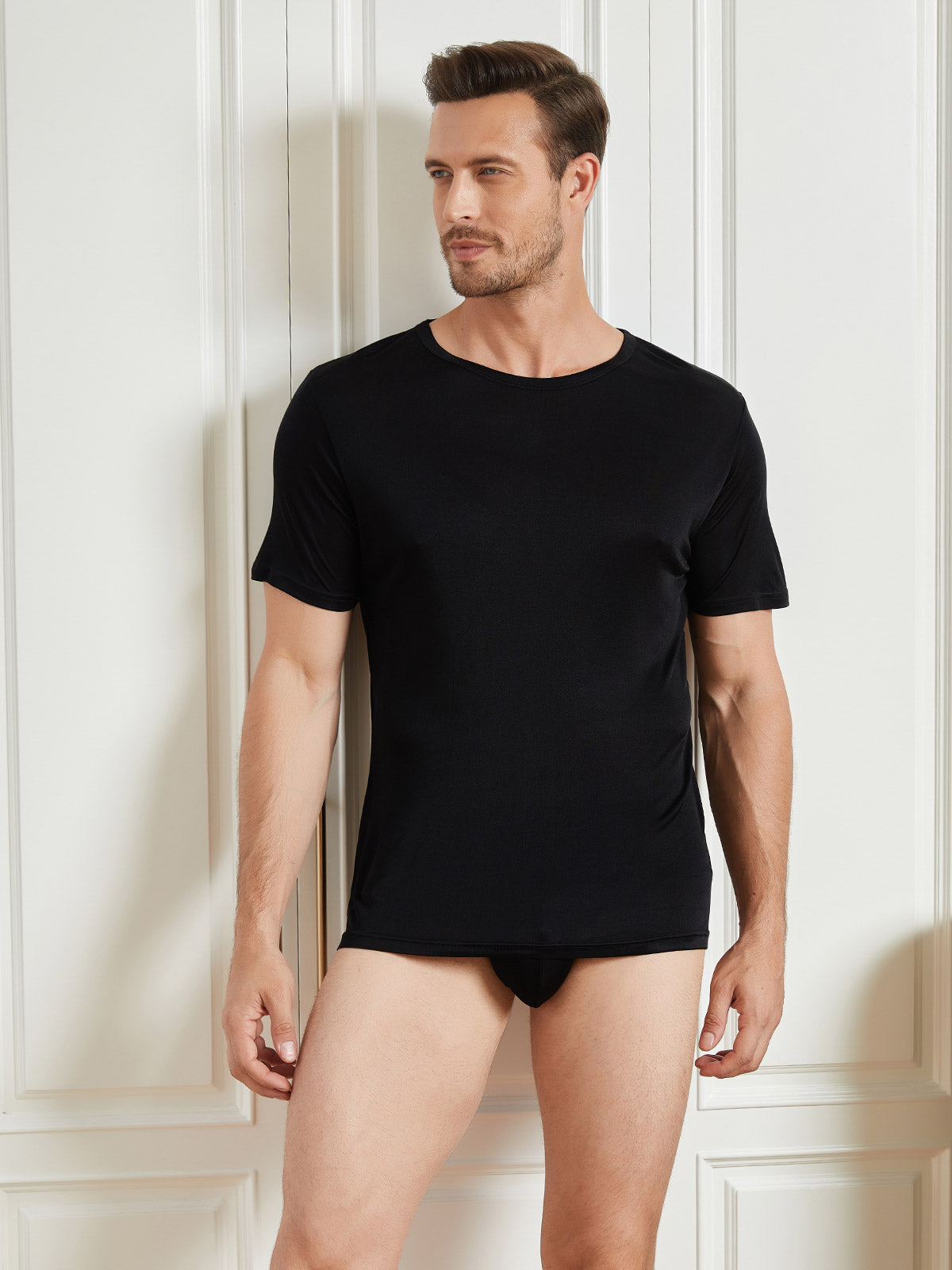[Black] SilkSilky-AU Silk Knitted Short Sleeve Round Neck Men's T-Shirt 005
