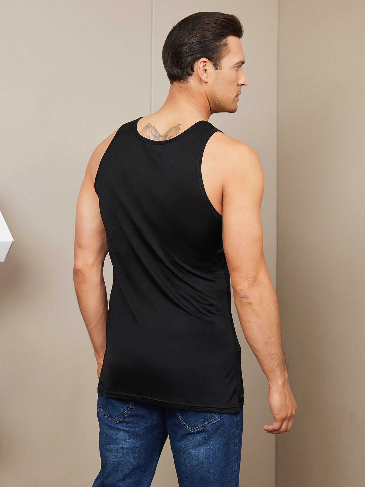 [Black] SilkSilky-AU Silk Knitted Sleeveless Round Neck Men's T-Shirt 002