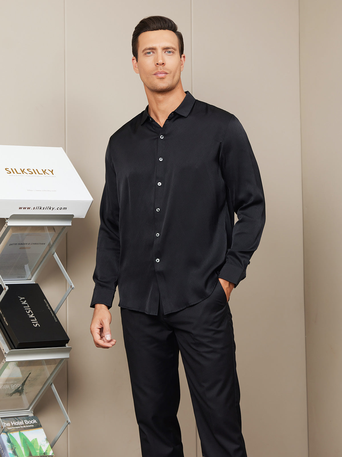 [Black] SilkSilky-AU Silk Long Sleeve Collar Men's Shirt 003