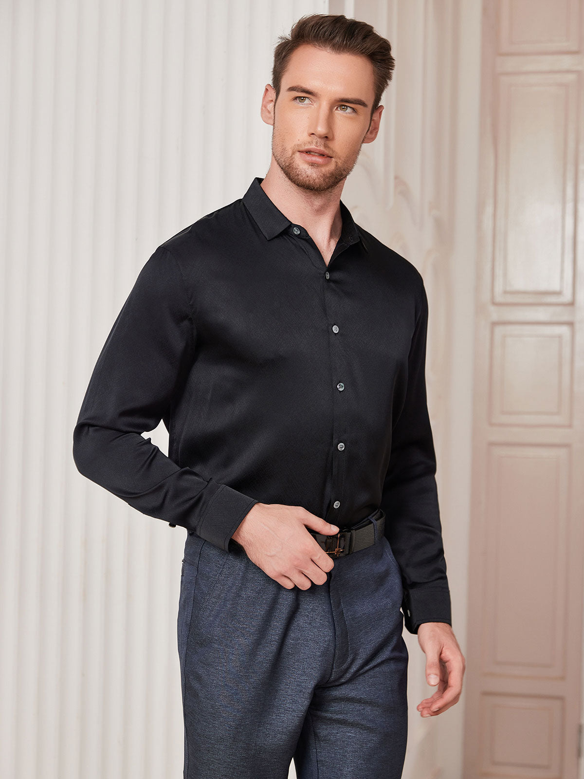 [Black] SilkSilky-AU Silk Long Sleeve Collar Men's Shirt 004