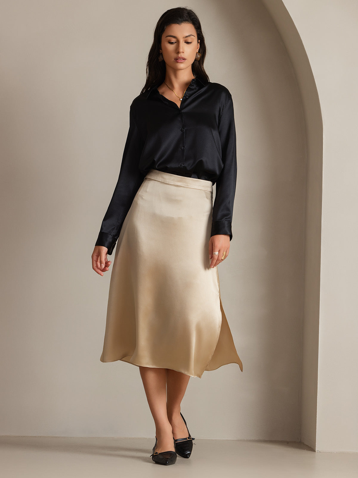 [Black] SilkSilky-AU Silk Long Sleeve Collar Women's Shirt 003