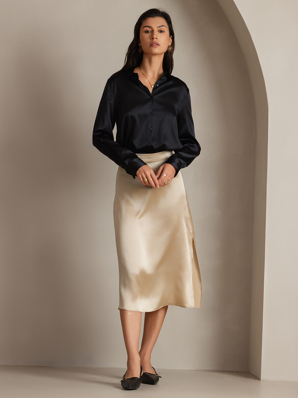 [Black] SilkSilky-AU Silk Long Sleeve Collar Women's Shirt 004