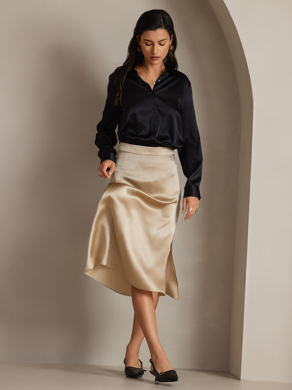 [Black] SilkSilky-AU Silk Long Sleeve Collar Women's Shirt 005