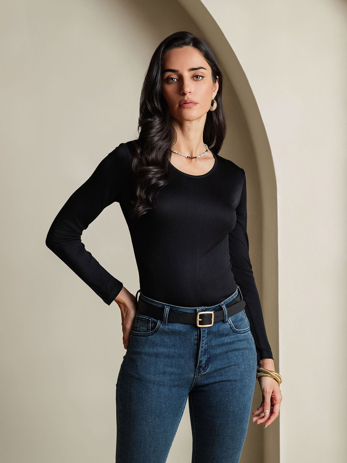 [Black] SilkSilky-AU Silk Long Sleeve Round Neck Women's T-Shirt 001