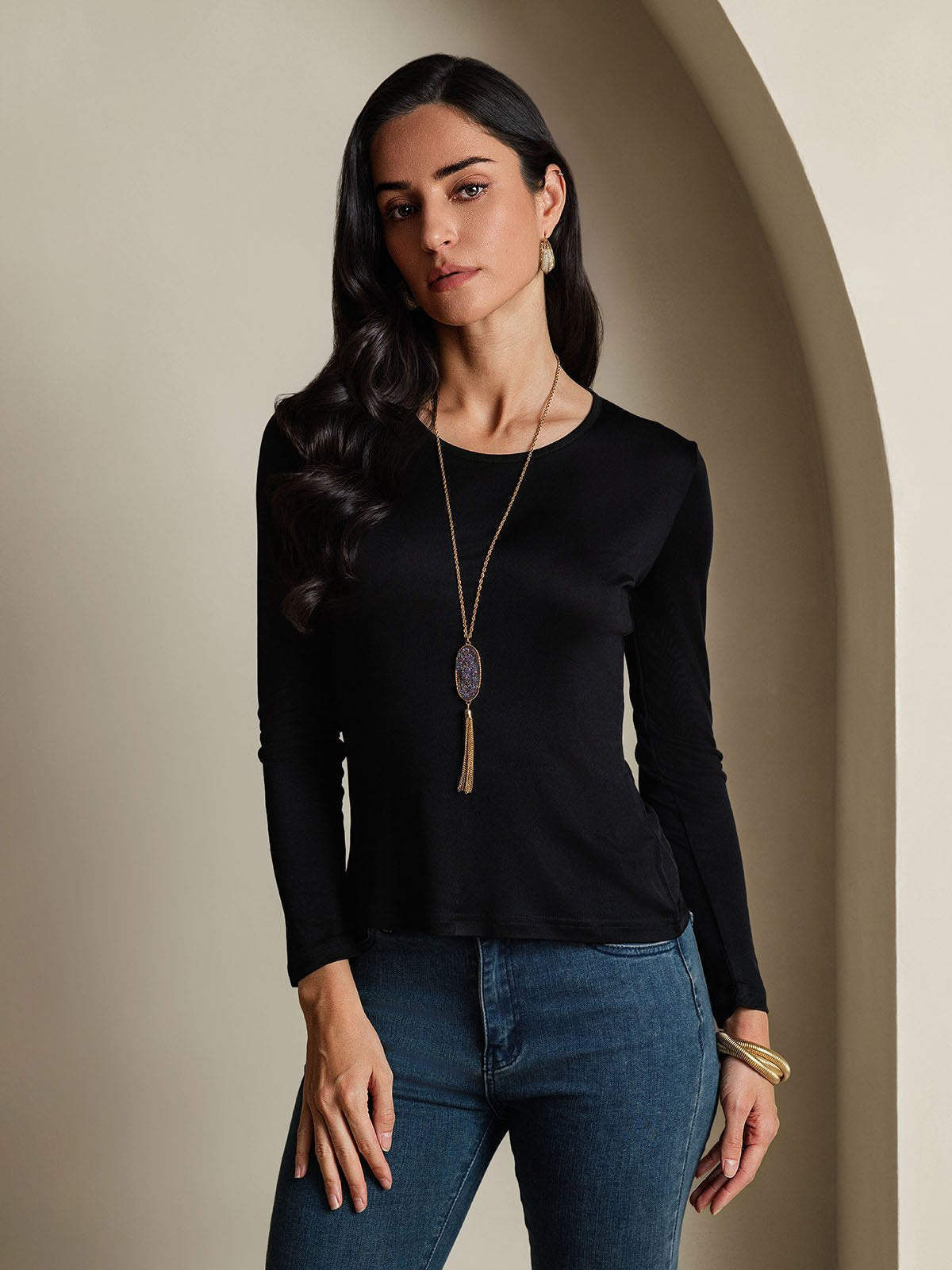 [Black] SilkSilky-AU Silk Long Sleeve Round Neck Women's T-Shirt 003