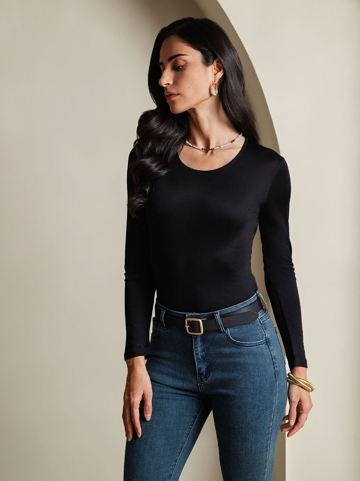 [Black] SilkSilky-AU Silk Long Sleeve Round Neck Women's T-Shirt 004