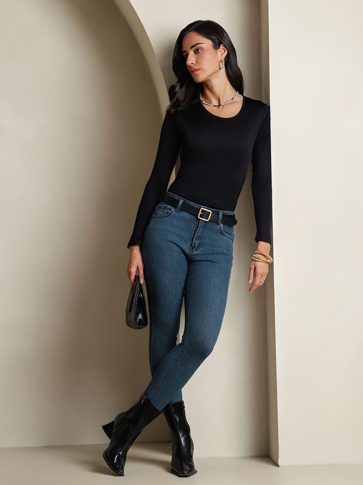 [Black] SilkSilky-AU Silk Long Sleeve Round Neck Women's T-Shirt 005