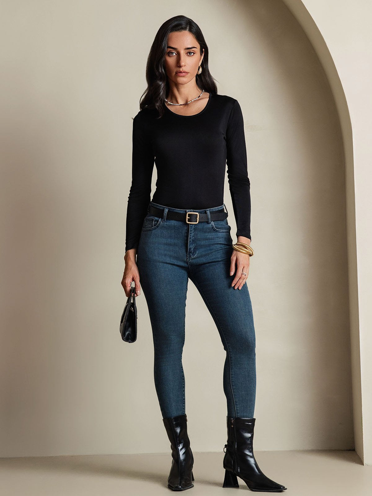 [Black] SilkSilky-AU Silk Long Sleeve Round Neck Women's T-Shirt 006