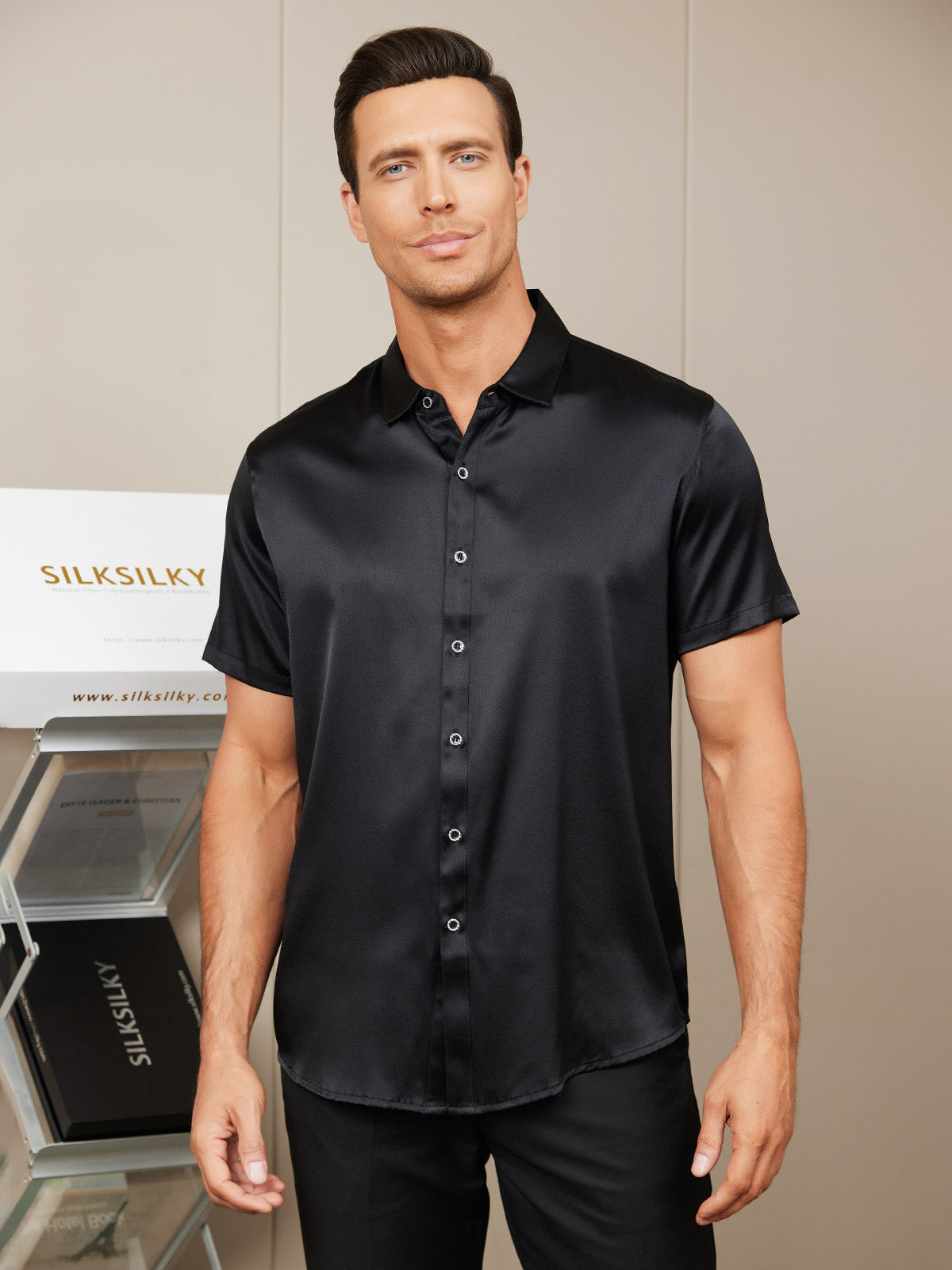 [Black] SilkSilky-AU Silk Short Sleeve Collar Men's Shirt 001