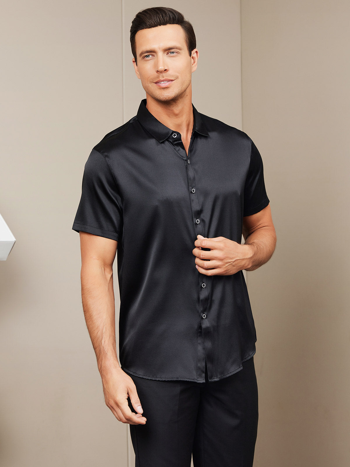 [Black] SilkSilky-AU Silk Short Sleeve Collar Men's Shirt 004