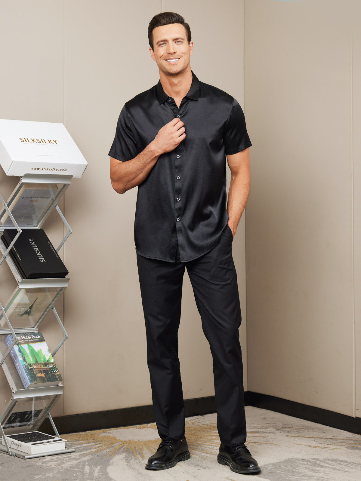 [Black] SilkSilky-AU Silk Short Sleeve Collar Men's Shirt 007