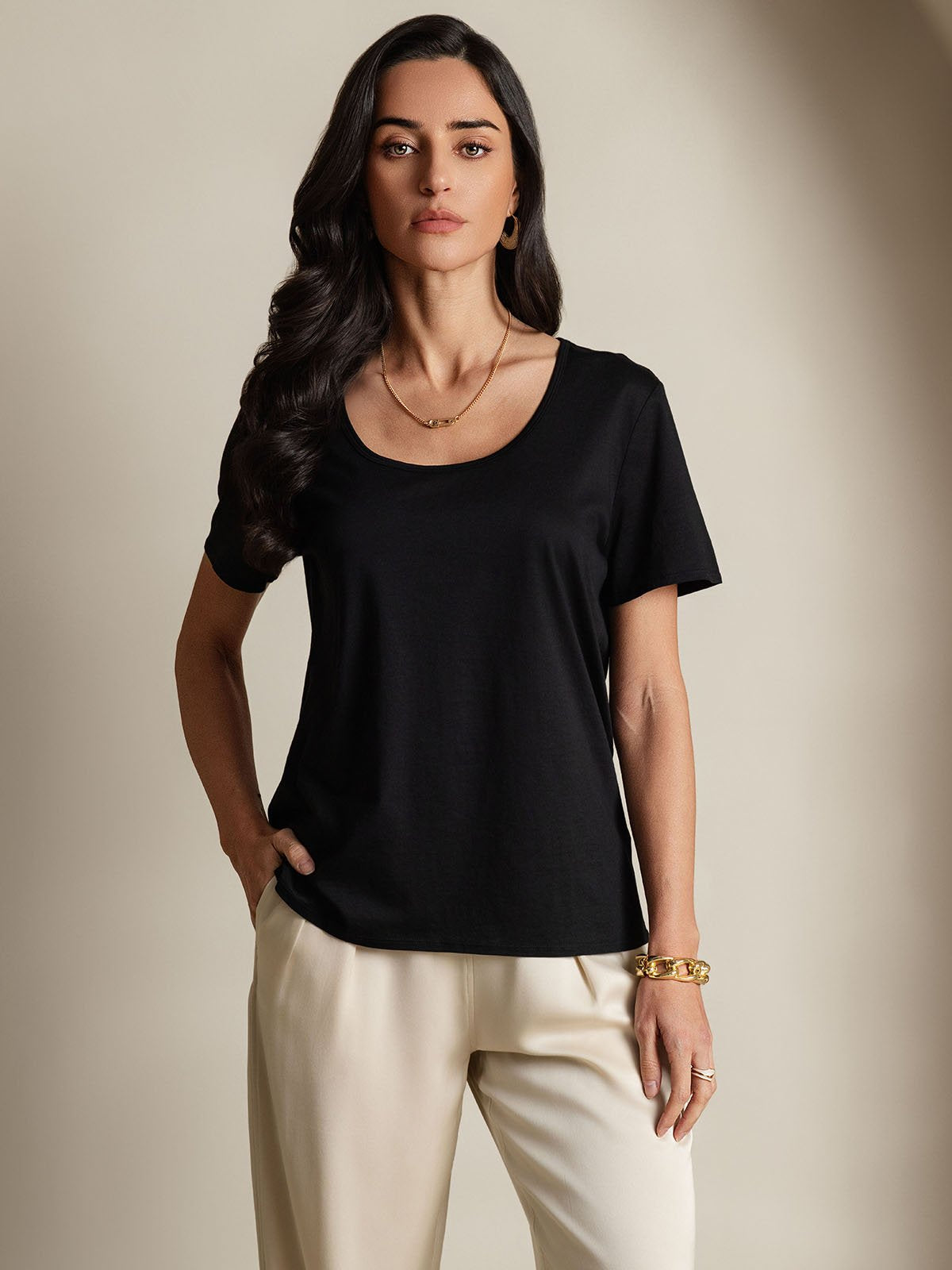 [Black] SilkSilky-AU Silk Short Sleeve U Neck Women's T-Shirt 003