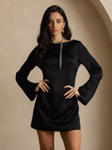 [Black] SilkSilky-AU 19Momme Long Sleeve Boat Neck Dress 001