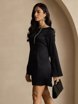 [Black] SilkSilky-AU 19Momme Long Sleeve Boat Neck Dress 004