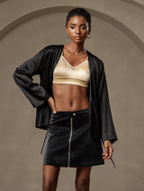 [Black] SilkSilky-AU 19Momme Stretch Silk Charmeuse Long Sleeve Women's Outerwear 001