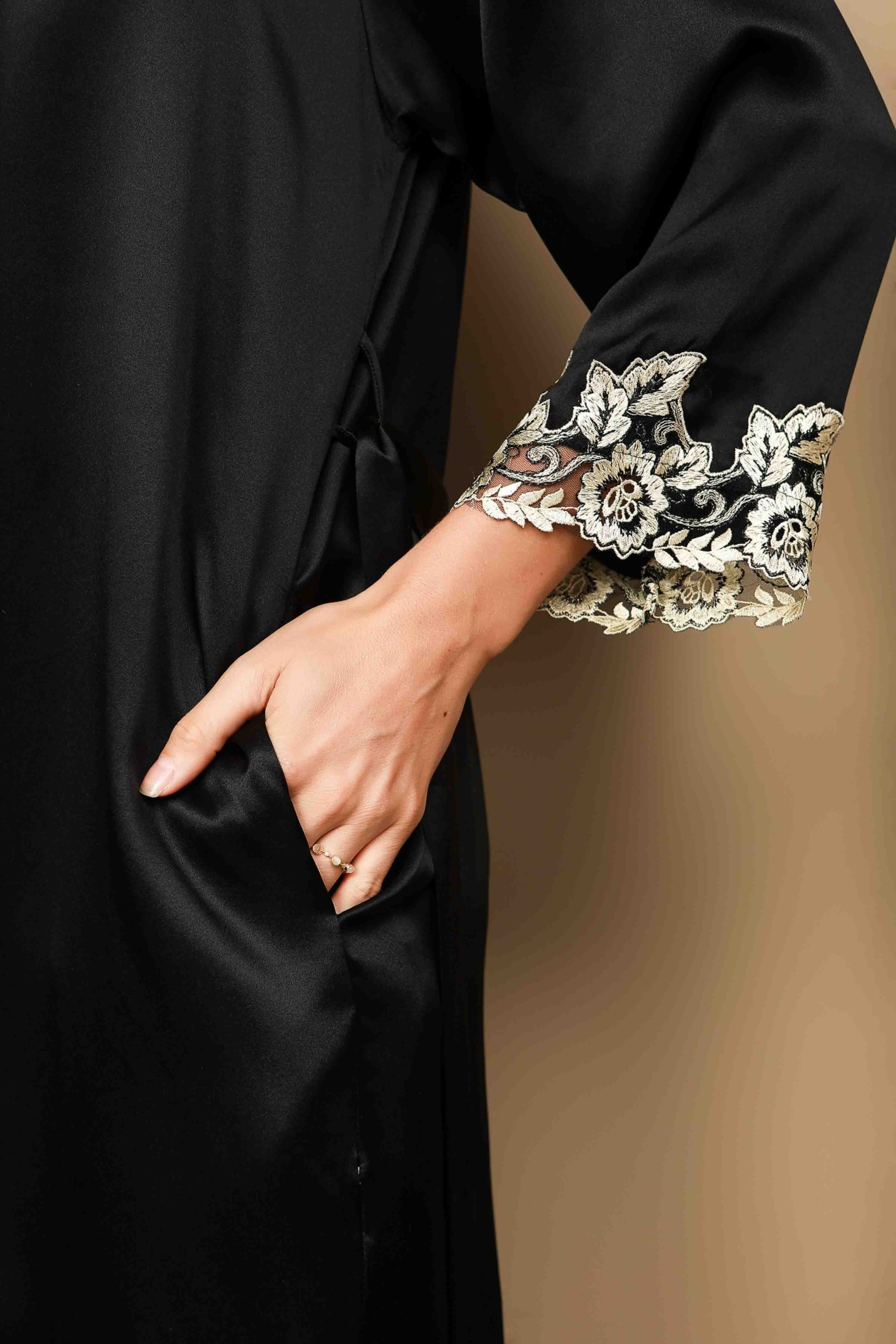 [Black] SilkSilky-AU Pure Silk 3/4 Sleeve V Neck Nightgown&Dressing Gown Set 009