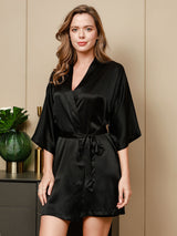[Black] SilkSilky-AU 3/4 Sleeve V Neck Nightgown&Dressing Gown Set 003